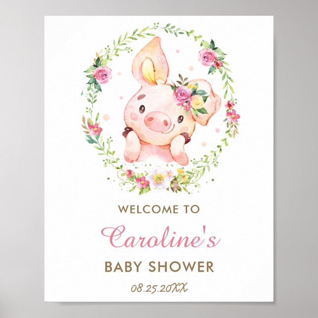 Poster Cute Piggy Cochon Rose Baby shower Floral Bienvenu (Devant)