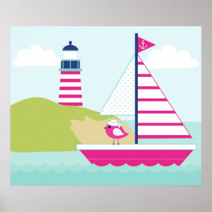 Poster Cute Pink Sail Boat and Lighthouse