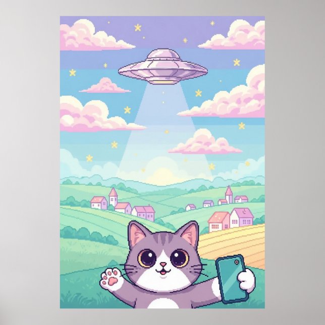 Poster Cute Pixel Art Cat with UFO in Pastel Sky Kawaii (Devant)