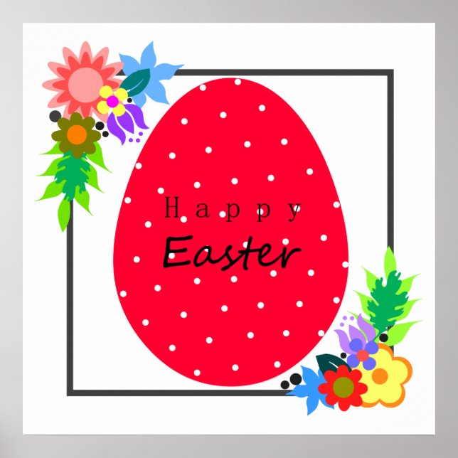 Poster Cute polka point OEuf de Pâques avec couronne fleu (Devant)