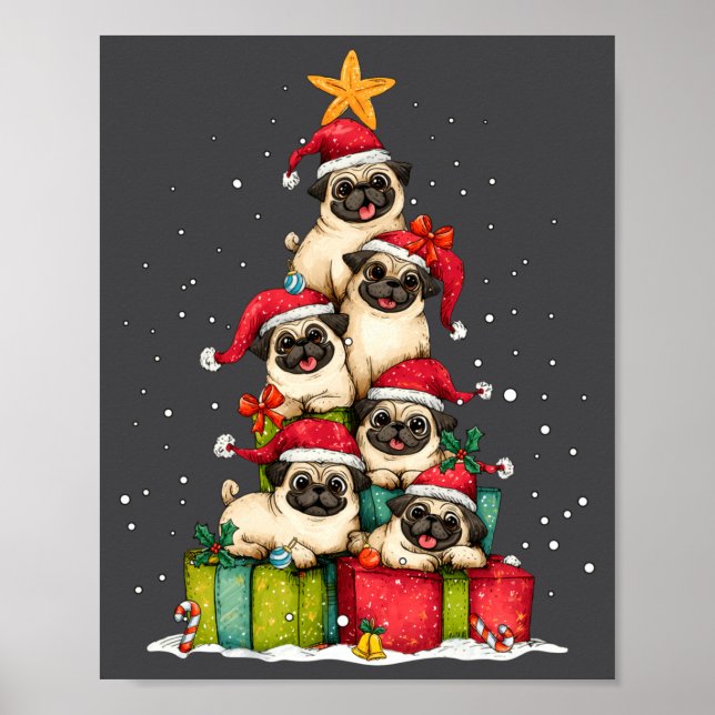Poster Cute Pug Le Dog Christmas Tree Xmas Hat Long Sleev (Devant)