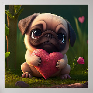 Poster Cute Pug with Heart