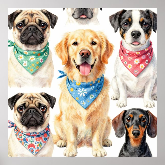 Poster Cute Puppy Portraits Bandana Collage Watercolor (Devant)