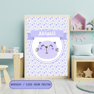 Poster Cute Purple Chat & Coeurs Lilac - Enfants Personna
