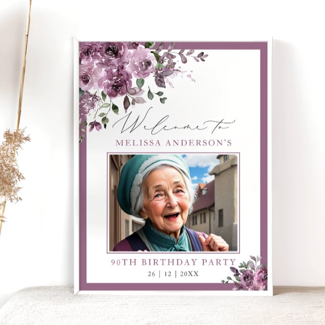 Poster Cute Purple Floral Photo Any Age Birthday Welcome (Créateur téléchargé)