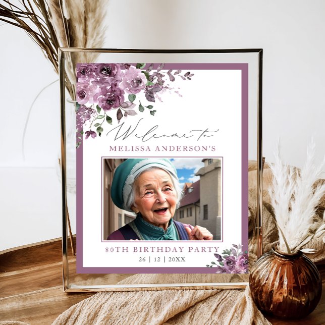 Poster Cute Purple Floral Photo Any Age Birthday Welcome (Créateur téléchargé)