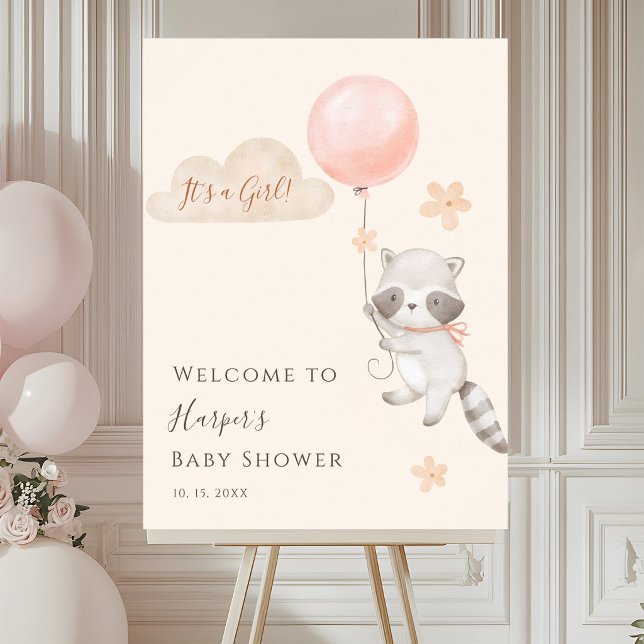 Poster Cute Raccoon Flying Balloon Baby Shower Welcome (Créateur téléchargé)