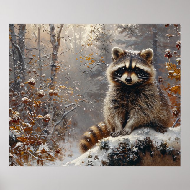 Poster Cute Raccoon pendant la peinture à l'huile d'hiver (Devant)