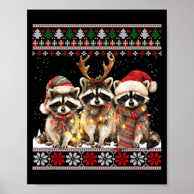 Poster Cute Raccoon Santa Christmas Lights Ugly Xmas Swea (Devant)