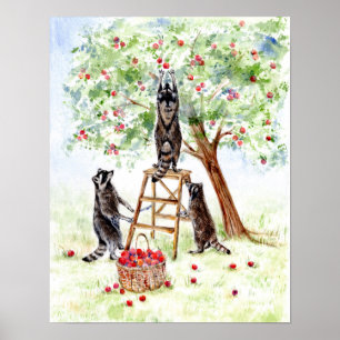 Poster Cute Raccoons dans Apple Orchard