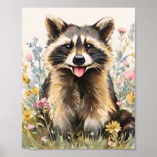 Poster Cute Racoon en Fleur sauvage - Aquarelle Animal Wa