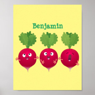 Poster Cute radishes singing trio cartoon vegetables