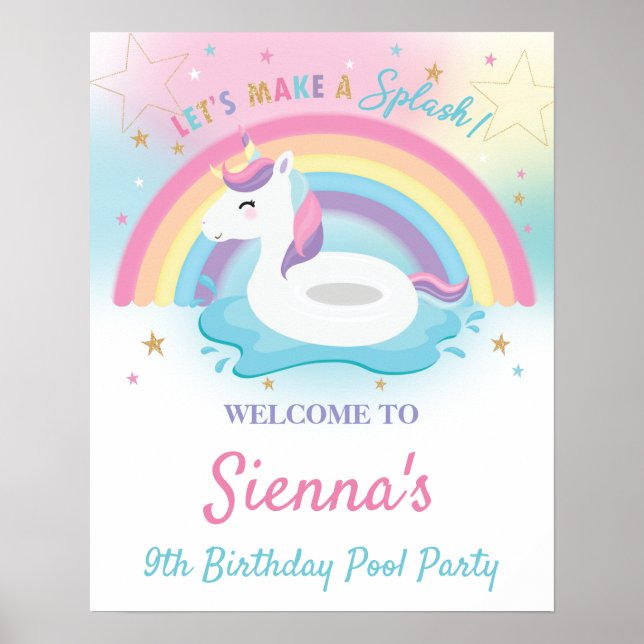 Poster Cute Rainbow Unicorn Pool Anniversaire Bienvenue (Devant)