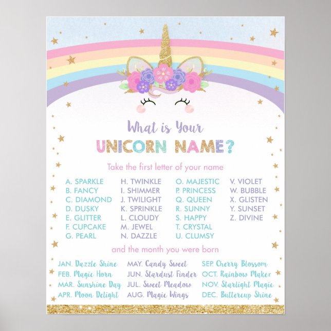 Poster Cute Rainbow What Your Unicorn Name Jeu Sign (Devant)