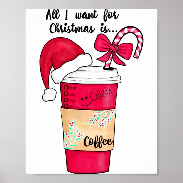 Poster Cute Red Santa Hat Coffee Candy Cane Christmas  (Devant)