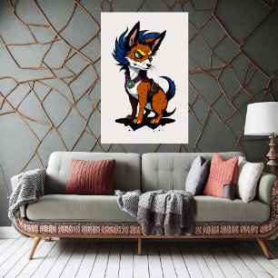 Poster Cute Renard cartonné avec cheveux bleus   Art AI