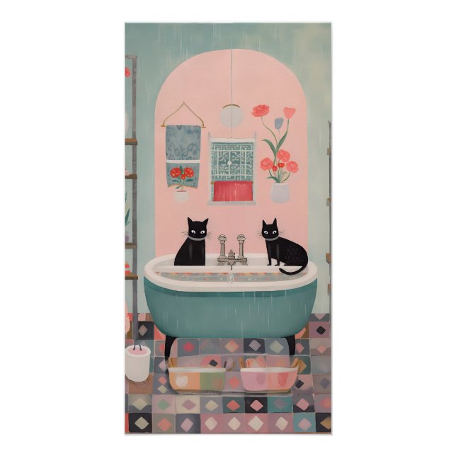 Poster Cute Retro Chats noirs dans la salle de bain bleu  (Devant)