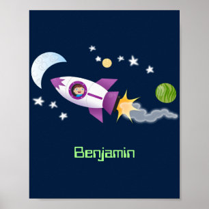 Poster Cute rocket ship in space cartoon illustration
