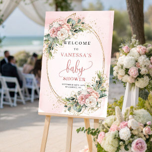Poster Cute Rose Gold Floral Eucalyptus Baby Shower Welco