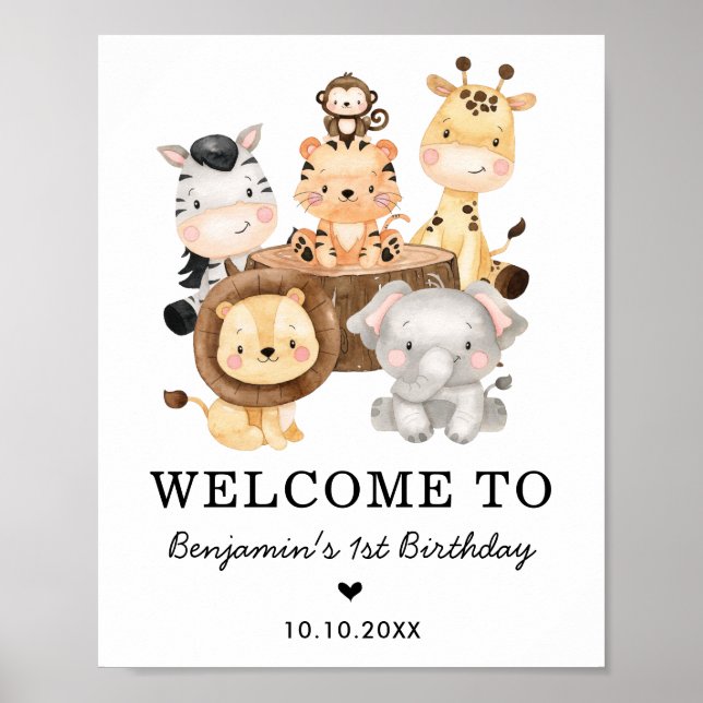Poster Cute Safari Animaux Sauvages Un 1er Anniversaire B (Devant)