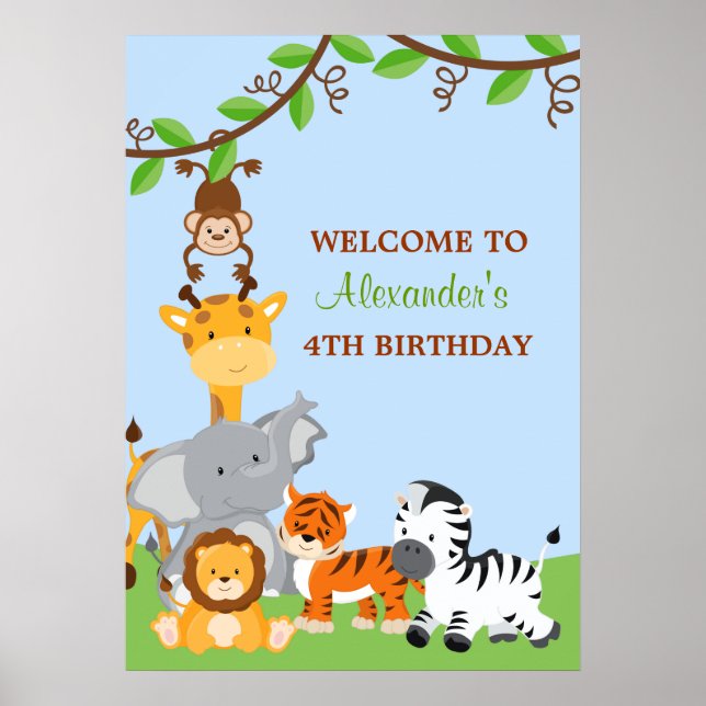 Poster Cute Safari Jungle Animaux Anniversaire (Devant)
