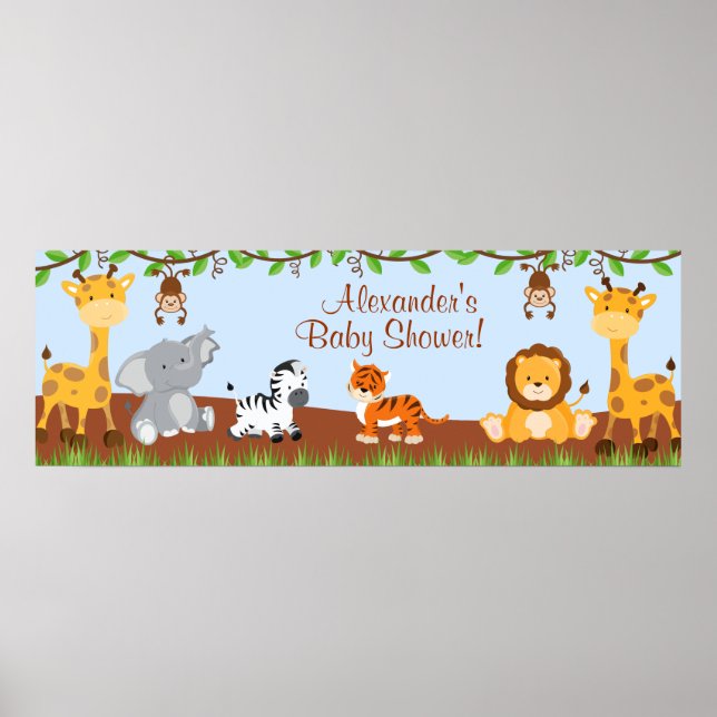 Poster Cute Safari Jungle Animaux garçon Baby shower bann (Devant)