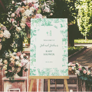 Poster Cute Safari Toile de Jouy Baby shower à la menth