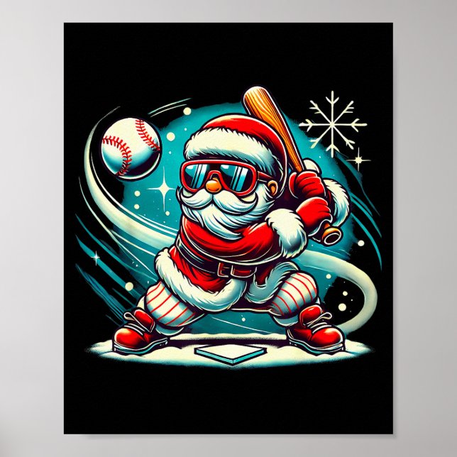 Poster Cute Santa Claus Playing Baseball Boys Kids Teens  (Devant)