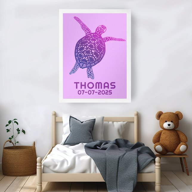 Poster Cute Sea Turtle CUSTOM NOM DE BÉBÉ ANNIVERSAIRE Ar (Cute Sea Turtle CUSTOM BABY NAME BIRTHDAY Art Poster
)
