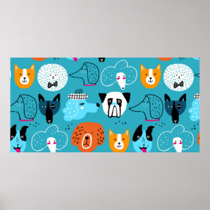 Poster Cute seamless pattern with funny dogs on a blue ba