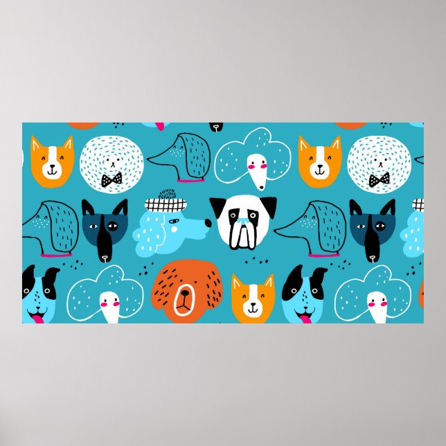 Poster Cute seamless pattern with funny dogs on a blue ba (Devant)