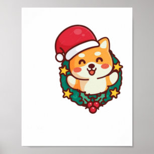Poster Cute Shiba Inu Sourire avec le Casquette de Noël A