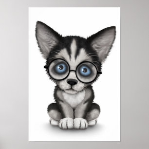 Poster Cute Sibérienne Husky Chiot Portant des lunettes B
