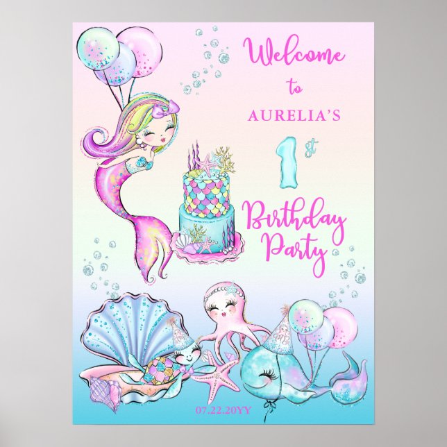 Poster Cute sirène | Sea Girl's 1er anniversaire Party Po (Devant)