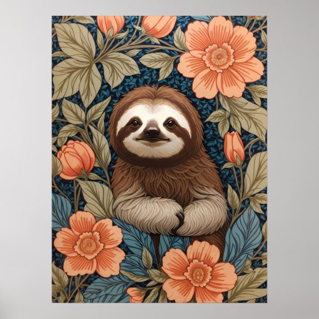 Poster Cute Sloth Elegant Floral William Morris Inspired (Devant)