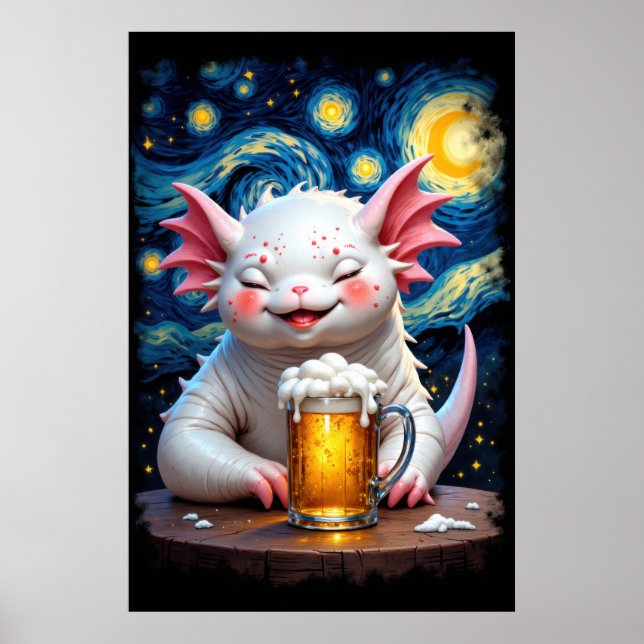 Poster Cute smiling monster with a mug of beer and starry (Devant)