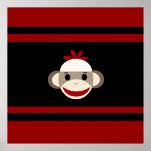Poster Cute Smiling Sock Monkey Face on Red Black