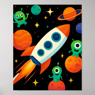 Poster Cute Space Rocket & Aliens Art