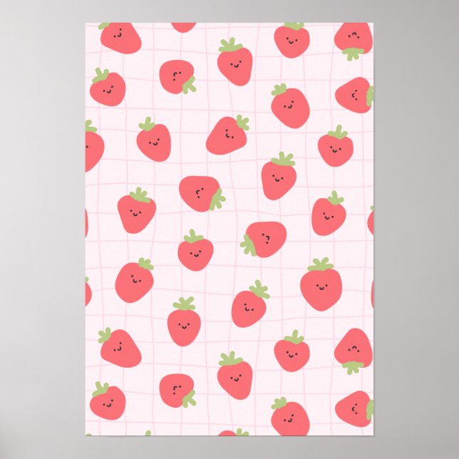 Poster Cute Strawberry Pattern – Kawaii Strawberry (Devant)