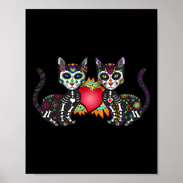 Poster Cute Sugar Crâne Chat Duo Coeur Mexicain Dia De Lo (Devant)