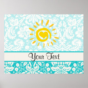 Poster Cute Sun; Teal Damask