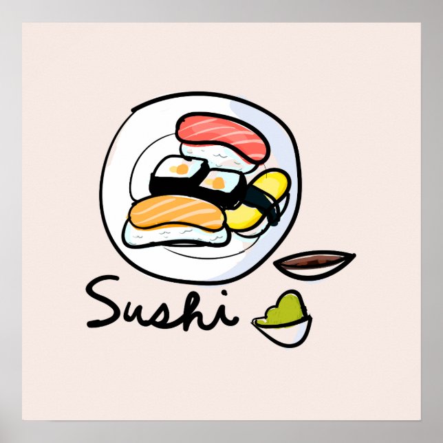 Poster Cute sushi dessin animé kawaii art alimentaire (Devant)