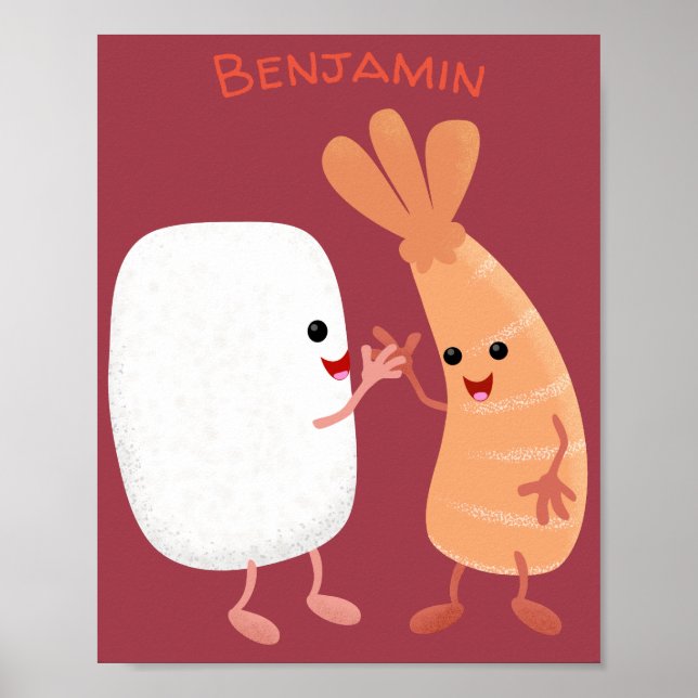 Poster Cute sushi riz crevettes amis dessin animé (Devant)