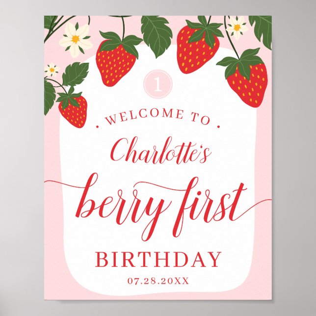 Poster Cute Sweet Strawberry 1er anniversaire Bienvenue (Devant)