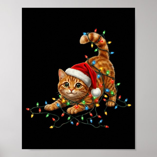Poster Cute Tabby Cat Christmas Funny Lights Xmas Cat In  (Devant)