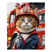 Cute Tabby Chat en Aquarelle Uniforme Firefighter