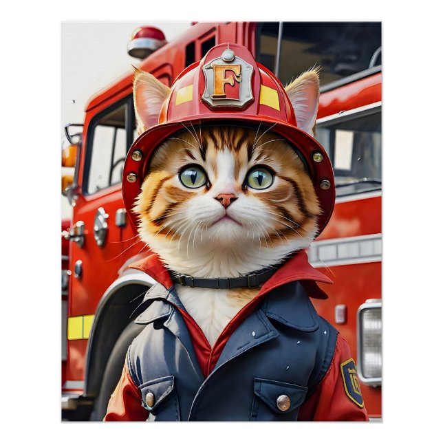 Poster Cute Tabby Chat en Aquarelle Uniforme Firefighter (Devant)