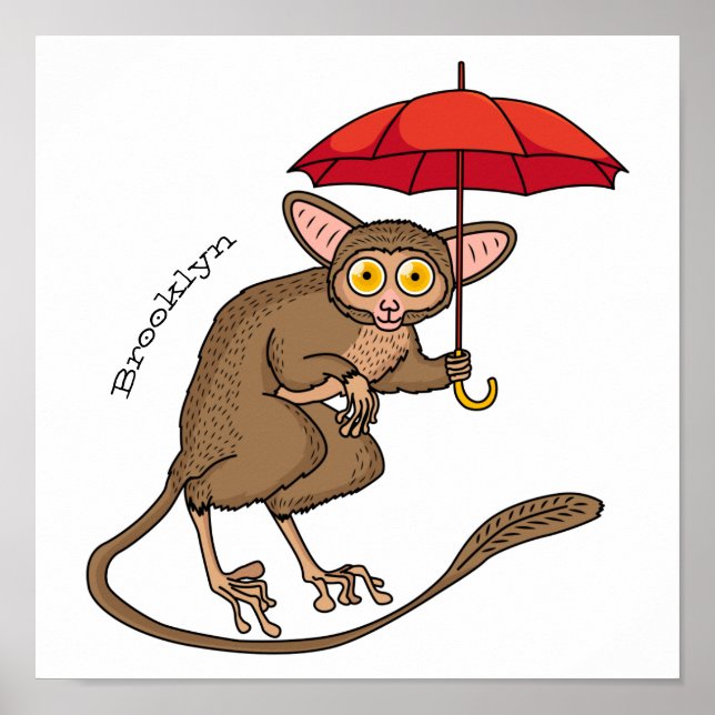 Poster Cute Tarsier avec dessin animé parapluie (Devant)