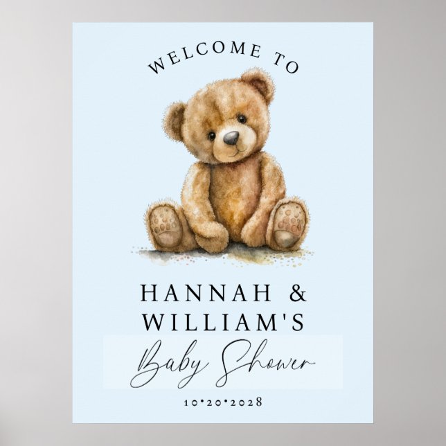 Poster Cute Teddy Bear Blue Boy Baby Shower Welcome Sign (Devant)