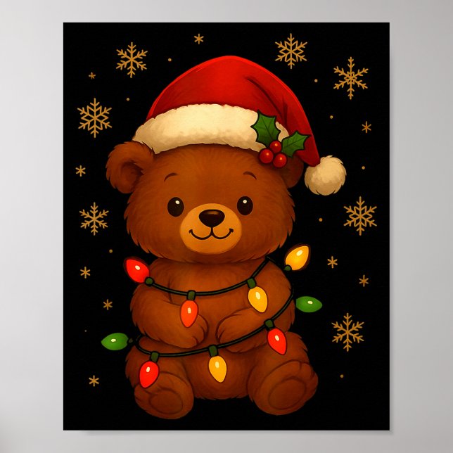 Poster Cute Teddy Bear Christmas Tree Lights Santa Hat Fu (Devant)